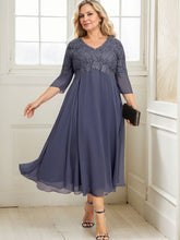 A-line V-Neck Tea-Length Chiffon Lace Mother of the Bride Dress With Beading